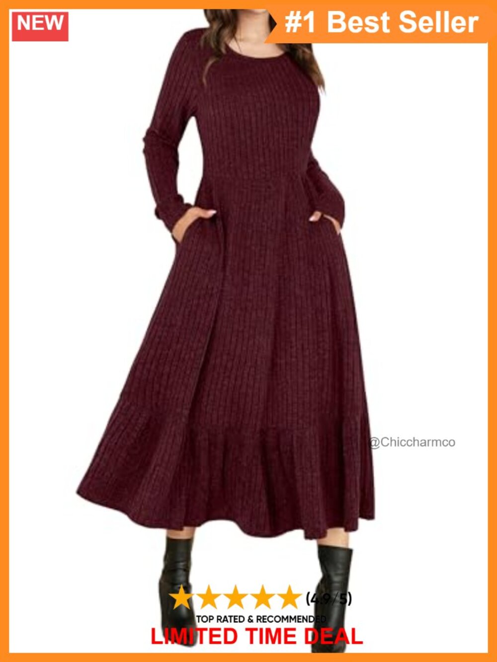 Ribbed Knit A-Line Midi Dress Long Sleeve Side Pockets Casual Fall